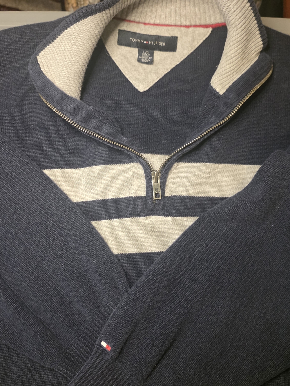 Tommy Hilfiger Navy & Grey Half-Zip Striped Pullover Sweater